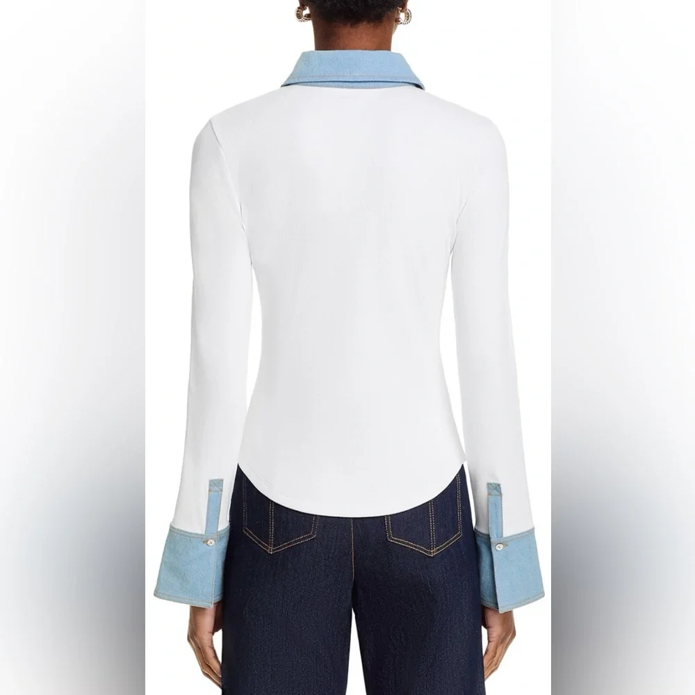 Cinq a Sept Jaden Denim Trim Top in White/Light Wash - Picture 3 of 5